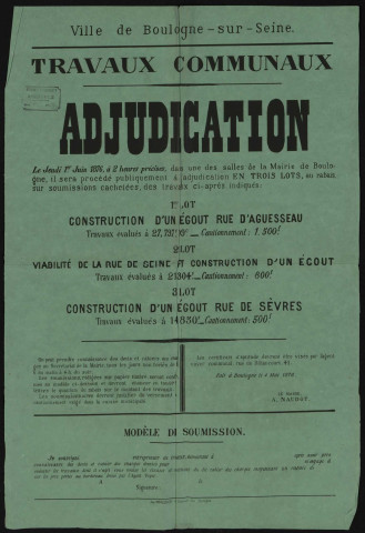 Adjudication [de la construction d'égouts rue d'Aguesseau],