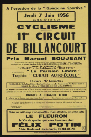 Quinzaine sportive, cyclisme : 11me circuit de Billancourt, prix Marcel Boujeant,