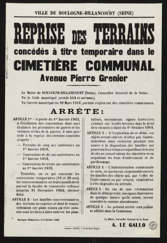 Reprise des terrains concédés à titre temporaire dans le cimetière communal avenue Pierre-Grenier,