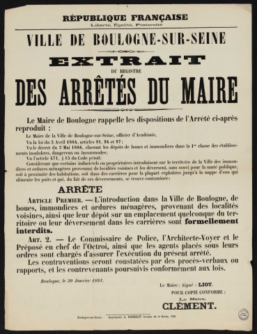 Extrait du registre des arrêtés du maire [au sujet des ordures ménagères],