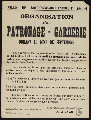 Organisation d'un patronage-garderie durant le mois de septembre,