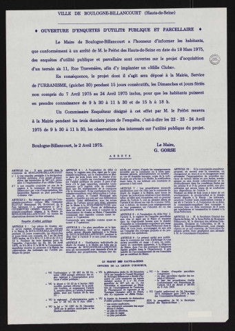 Ouverture d'enquêtes d'utilité publique et parcellaire [sur le projet d'acquisition d'un terrain sis 11 rue Traversière afin d'y implanter un Mille Clubs,