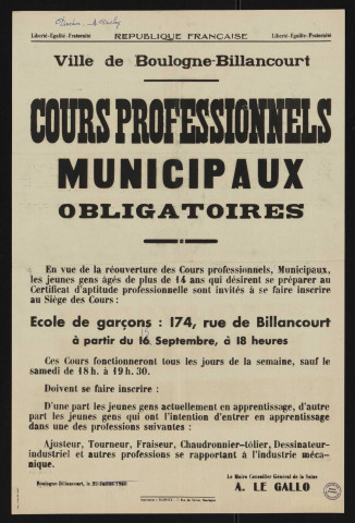 Cours professionnels municipaux obligatoires ,