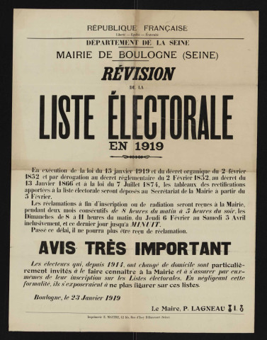 Révision annuelle de la liste électorale en 1919,