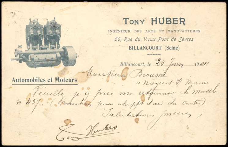 (sans titre), Boulogne-Billancourt . rue du Vieux Pont de Sèvres . - Automobiles et Moteurs Tony HuberCarte de visite de Tony hubert Ingénieur des arts et manufactures 56, rue du Vieux Pont de Sèvres Billancourt (Seine) Automobiles et Moteurs