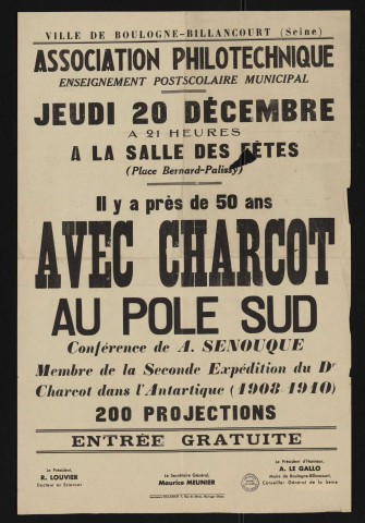 Association philotechnique : [conférence] "Charcot au Pôle Sud",