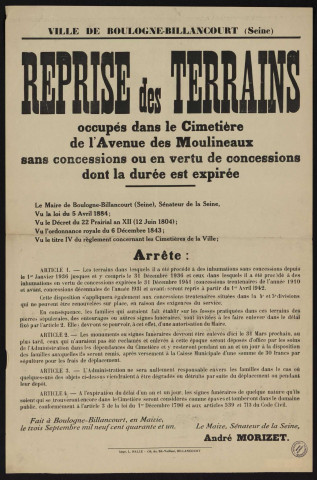 Reprise des terrains occupés dans le cimetière de l'avenue des Moulineaux sans concessions ou en vertu de concessions dont la durée est expirée,