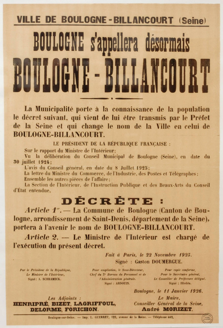 Affiche "Boulogne s'appellera désormais Boulogne-Billancourt" (1926)