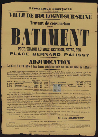 Travaux de construction d'un bâtiment pour tirage au sort, révision, fêtes, etc. place Bernard-Palissy,