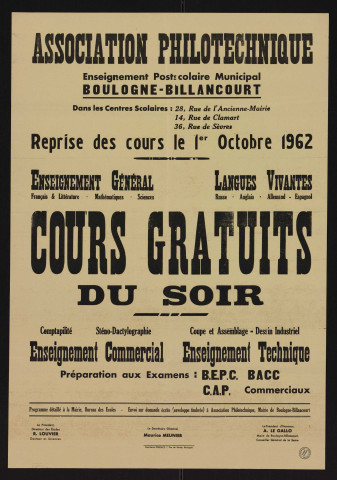 Cours gratuits du soir : reprise des cours le 1er octobre 1962,