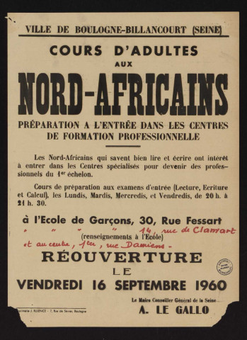 Cours d'adultes aux Nord-Africains : préparation à l'entrée dans les centres de formation professionnelle [...],