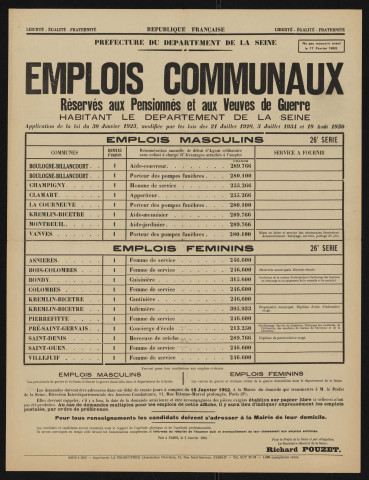 Emplois communaux réservés aux pensionnés et aux veuves de guerre habitant le département de la Seine, Recrutement à Boulogne-Billancourt d'un aide-couvreur et d'un porteur des pompes funèbres.