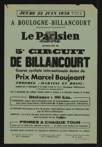 5e circuit de Billancourt, course cycliste internationale dotée du prix Marcel Boujeant, trophée Martini et Rossi,