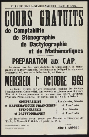 Cours gratuits de comptabilité, de sténographie, de dactylographie et de mathématiques, préparation aux CAP éè,