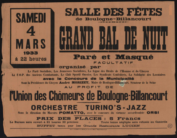 Grand bal de nuit paré et masqué [...] au profit de l'Union des chômeurs de Boulogne-Billancourt,