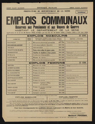 Emplois communaux réservés aux pensionnés et aux veuves de guerre habitant le département de la Seine, Recrutement à Boulogne-Billancourt d'un aide-maçon plâtrier cimentier.