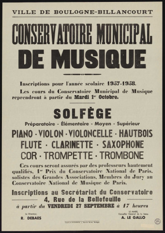 Conservatoire municipal de musique : inscriptions pour l'année scolaire 1957-1958,