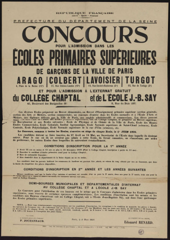 Concours pour l'admission dans les écoles primaires supérieures de garçons de la ville de Paris,