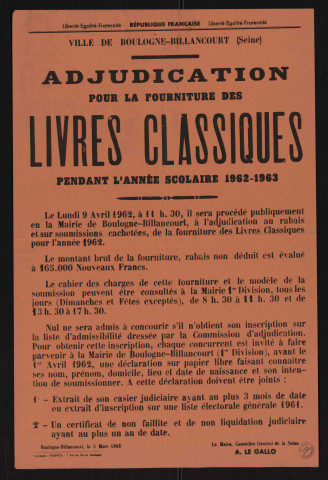 Adjudication pour la fourniture des livres classiques pendant l'année scolaire 1962-1963,