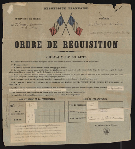 Ordre de réquisition : chevaux et mulets,