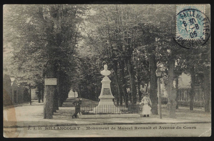 55 - Billancourt - Monument de Marcel Renault et Avenue du Cours, Boulogne-Billancourt . avenue Emile Zola . - Monument de Marcel Renault et perspective