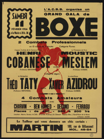 Grand gala de boxe : 2 combats professionnels, Henri Cobanese contre Moustic Meslem (plumes) ; Théo Taty contre Xavier Azidrou (légers)