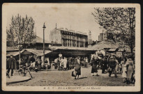 3 - Billancourt - Le Marché, Boulogne-Billancourt . place du Marché, rue du Vieux-Pont de Sèvres . - scène de rueAu second plan à droite, le garage Vulcain. Au troisième plan au centre, un bâtiment avec une publicité pour les Galeries Lafayette