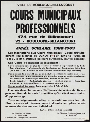 Cours municipaux professionnels, année scolaire 1968-1969 ,