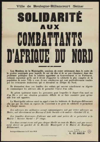 Solidarité aux combattants d'Afrique du Nord,