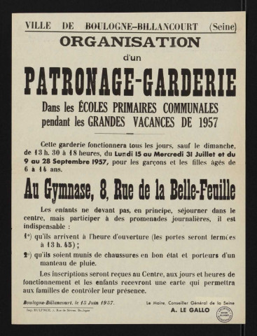 Organisation d'un patronage-garderie dans les écoles primaires communales pendant les grandes vacances de 1957,