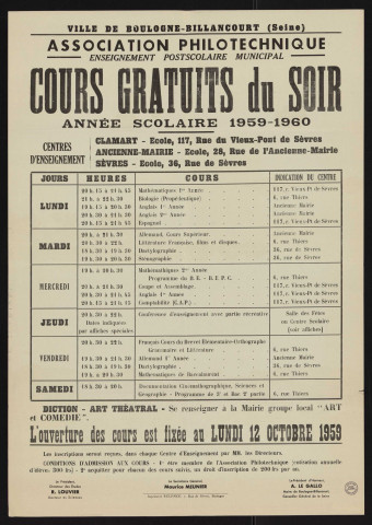 Association philotechnique : cours gratuits du soir, [horaires et lieux des cours pour l'] année scolaire 1959-1960,