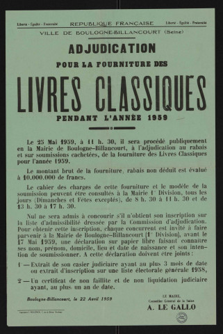 Adjudication pour la fourniture des livres classiques pendant l'année 1959,