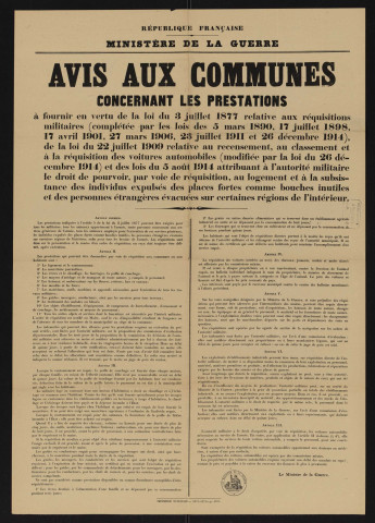 Avis aux communes concernant les prestations à fournir [ : réquisitions militaires, recensement, classement et réquisition des voitures automobiles, réquisition de logement, et subsistance],