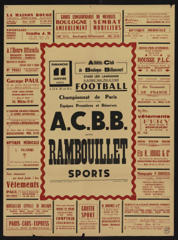 Football, championnat de Paris, équipes première et réserve : ACBB contre Rambouillet Sports, Nombreuses publicités d'entreprises.