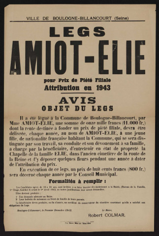 Legs Amiot-Elie pour prix de piété filiale : attribution en 1943,