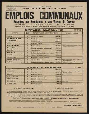 Emplois communaux réservés aux pensionnés et aux veuves de guerre habitant le département de la Seine, Recrutement à Boulogne-Billancourt d'un aide-maçon.