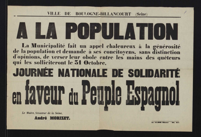 A la population [...] journée nationale de solidarité en faveur du peuple espagnol,