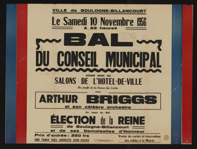 Bal du conseil municipal donné dans les salons d'honneur de l'hôtel de ville au profit de la caisse des écoles avec Arthur Briggs et son célèbre orchestre,