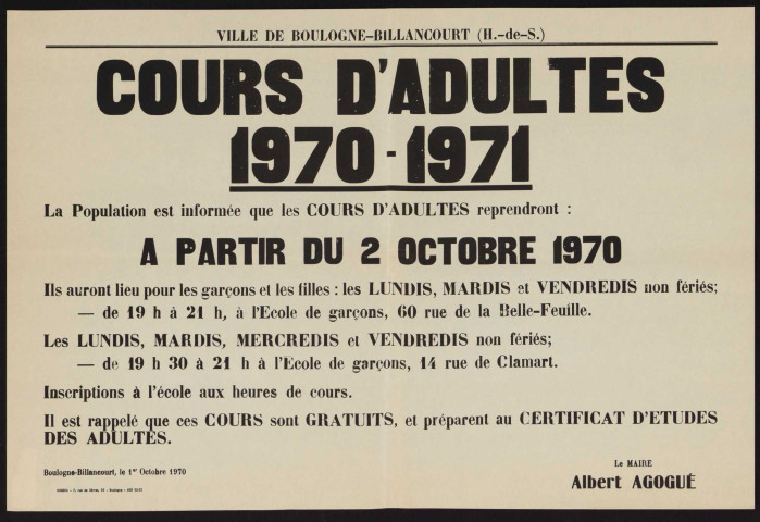 Cours d'adultes, 1970-1971 é,