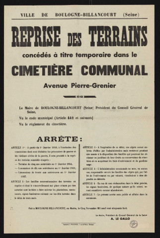 Reprise des terrains concédés à titre temporaire dans le cimetière communal avenue Pierre-Grenier,