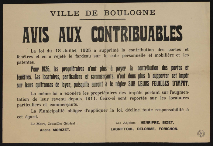 Avis aux contribuables [au sujet de la suppression de la contribution des portes et fenêtres et des impôts sur le revenu],