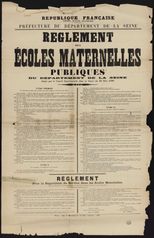 Règlement des écoles maternelles publiques du département de la Seine ; règlement pour la répartition du service dans les écoles maternelles,