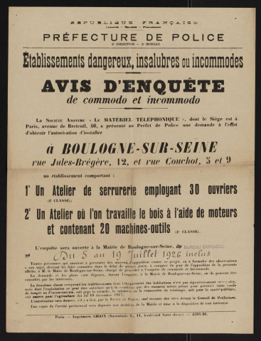 Avis d'enquête de commodo et incommodo : rue Jules-Brégère 12 et rue Couchot 5 et 9, Société anonyme Le Matériel téléphonique : installation d'un atelier de serrurerie employant 30 ouvriers et un atelier où l'on travaille le bois à l'aide de moteur et contenant 20 machines-outils.