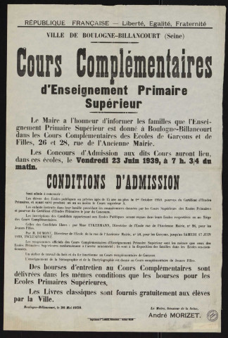 Cours complémentaires d'enseignement primaire supérieur é,