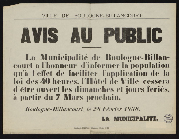 Avis au public [au sujet des horaires d'ouverture de la mairie suite à la loi des 40 heures],