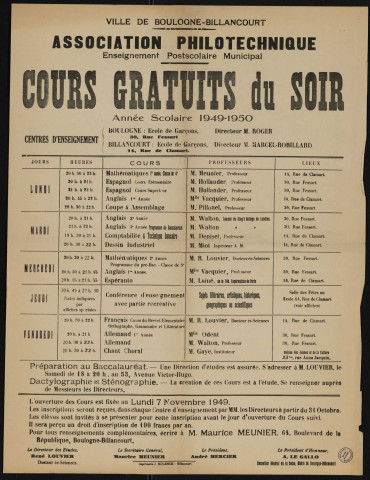 Association philotechnique : cours gratuits du soir, année scolaire 1949-1950,