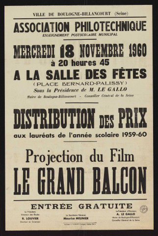 Association philotechnique : distribution des prix aux lauréats de l'année scolaire 1959-60, projection du film Le Grand balcon,