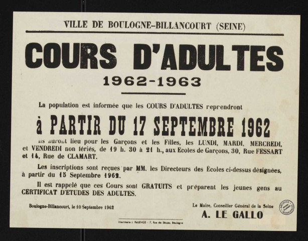 Cours d'adultes, 1962-1963 é,