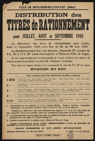 Distribution des titres de rationnement pour juillet, août et septembre 1948,