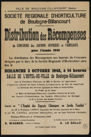 Société régionale d'horticulture de Boulogne-Billancourt : distribution des récompenses du concours des jardins ouvriers et familiaux pour l'année 1948,